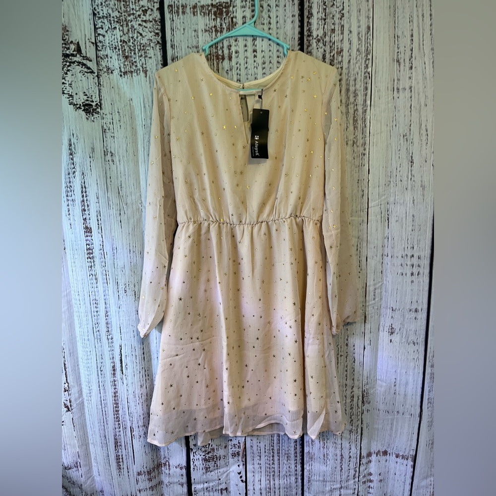NWT, Allegra K, Girls Cream Colored Dress with Gold Stars, Size Medium